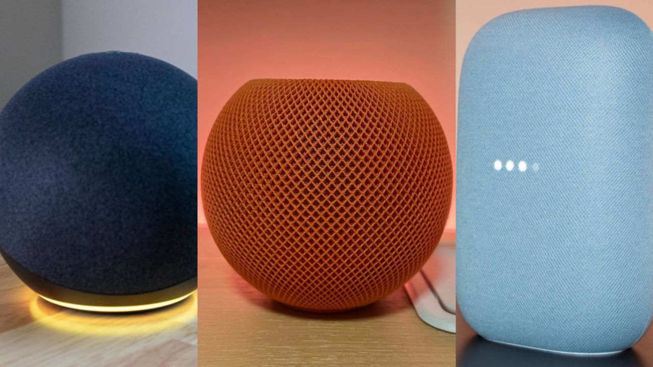 Collage of Amazon Echo, Nest Audio and HomePod Mini.