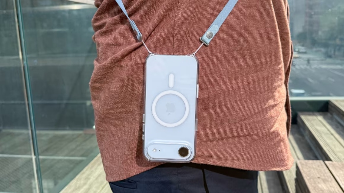 Close up of a clear crossbody phone strap