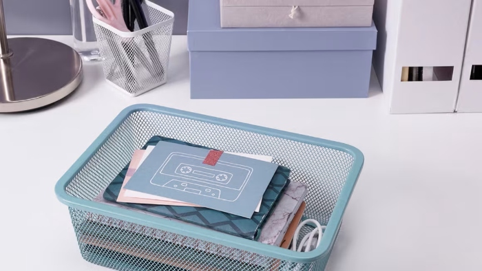 Blue Ikea desk organizer
