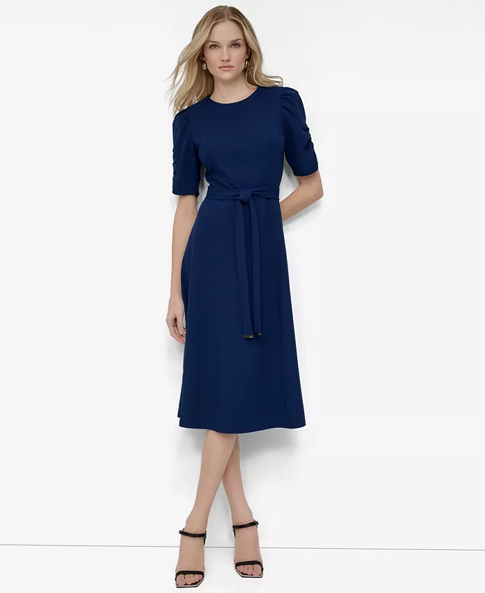 DKNY Women’s Women's Ruched-Sleeve Belted Fit and Flare Midi Dress